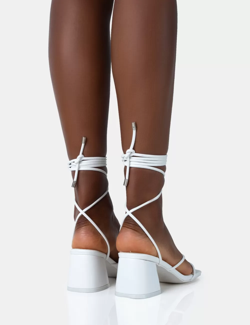 Hot Public Desire Aerin PU Lace up Strappy Square Toe Block Mid Heels White
