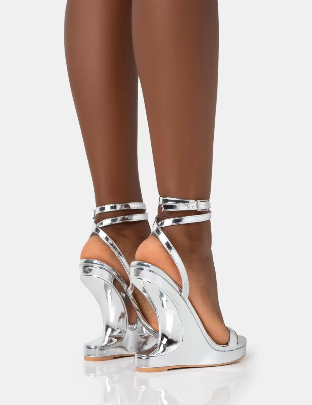 Hot Public Desire A-list Mirror Barley There Wrap Around Platform Wedge Heels Silver