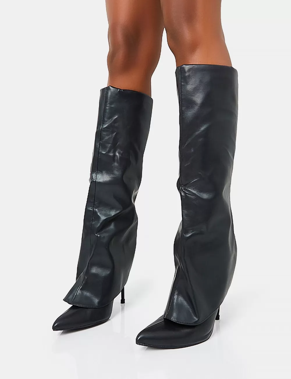 Fashion Public Desire All Yours Pu Fold Over Pointed Toe Stiletto Knee High Boots Black