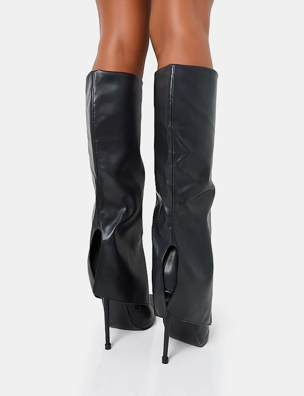 Fashion Public Desire All Yours Pu Fold Over Pointed Toe Stiletto Knee High Boots Black