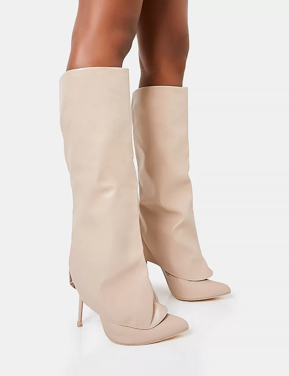 Fashion Public Desire All Yours Nude Pu Fold Over Pointed Toe Stiletto Knee High Boots White