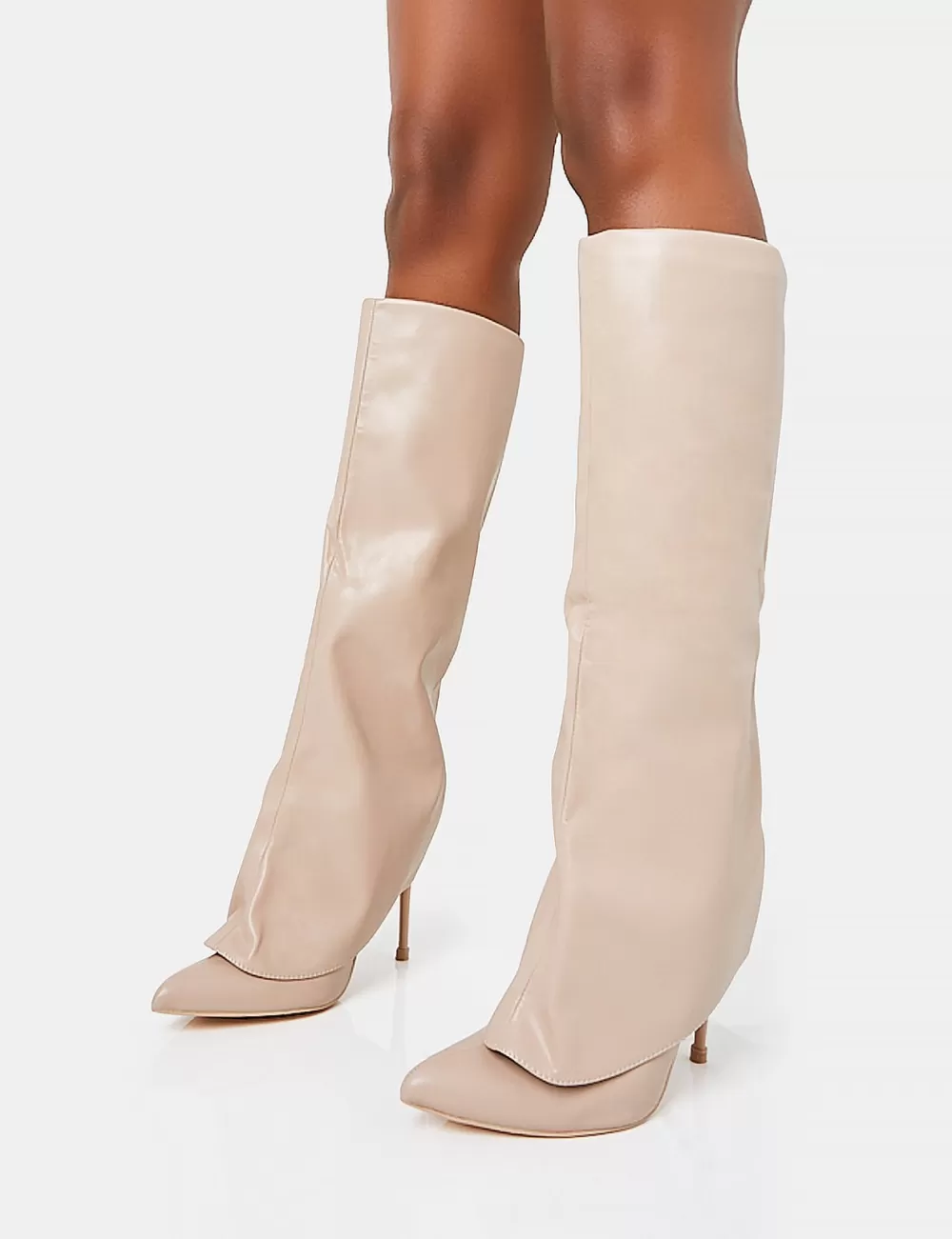 Fashion Public Desire All Yours Nude Pu Fold Over Pointed Toe Stiletto Knee High Boots White