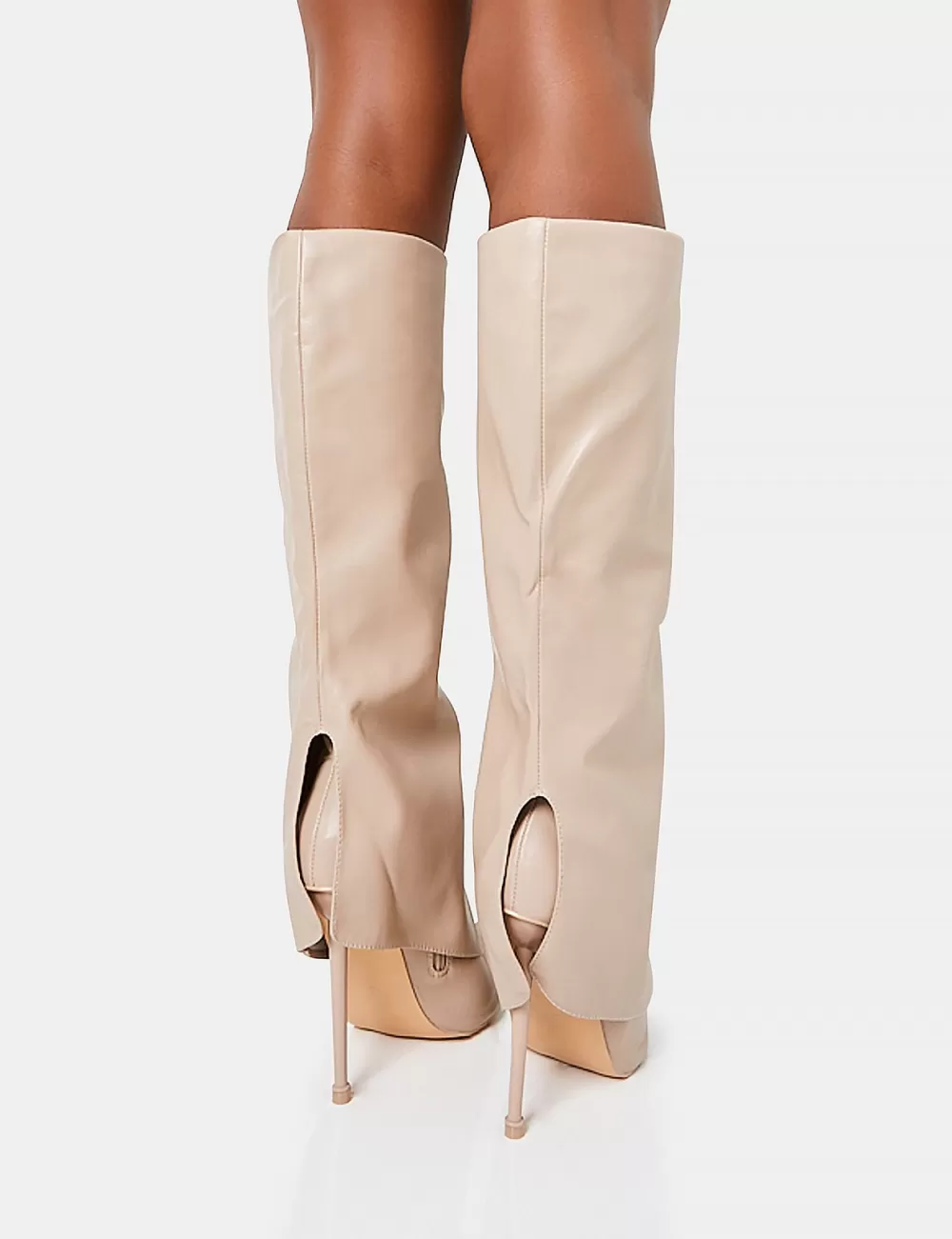 Fashion Public Desire All Yours Nude Pu Fold Over Pointed Toe Stiletto Knee High Boots White
