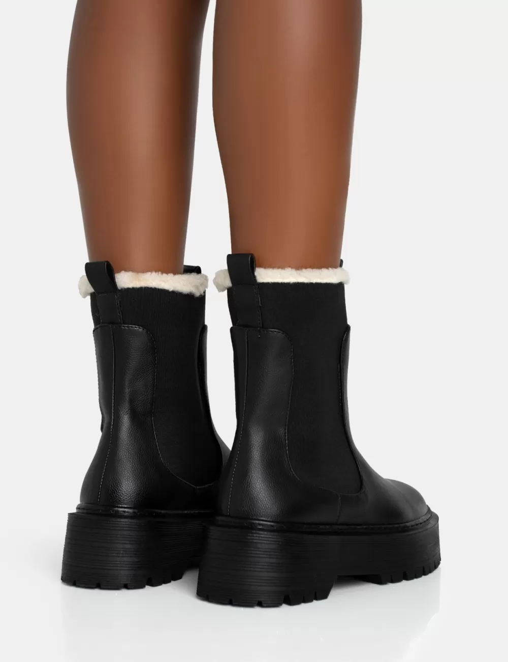 Cheap Public Desire Alpine Faux Fur Trim Elasticated Chunky Sole Ankle Boots Black