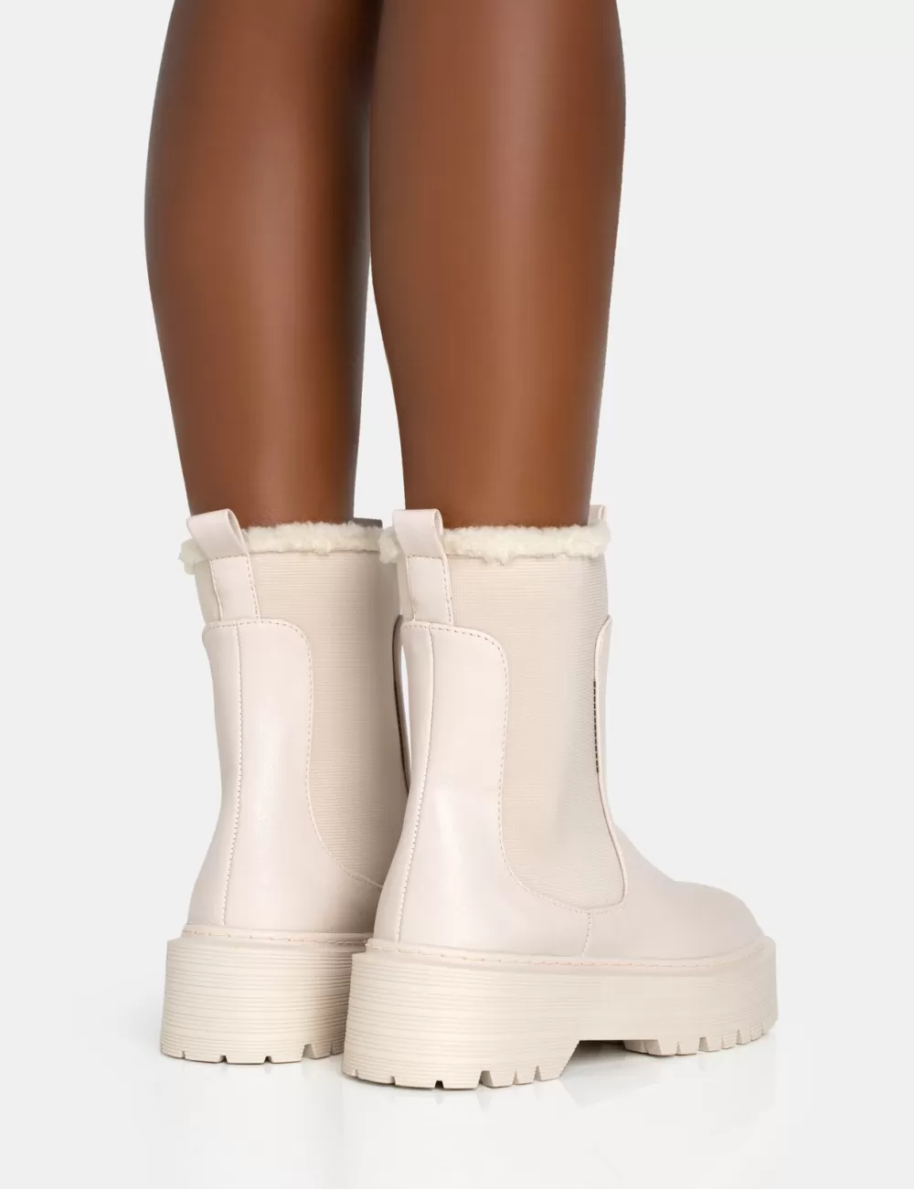 Clearance Public Desire Alpine Cream Pu Faux Fur Trim Elasticated Ankle Chunky Ankle Boots Neutral