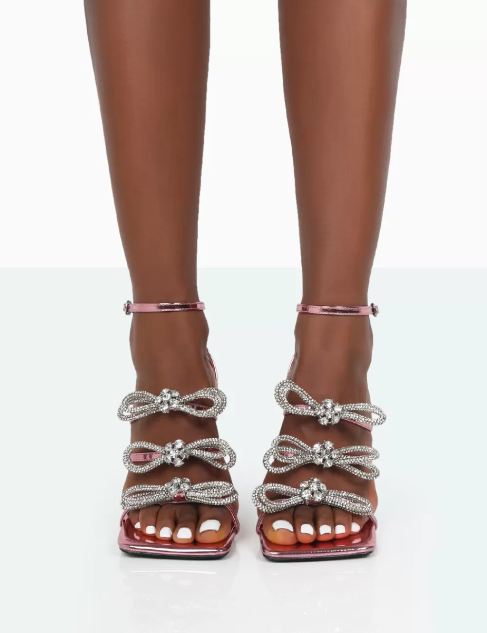 Shop Public Desire Amelia Mirror Sparkly Diamante Strappy Bow Stiletto High Heels Pink