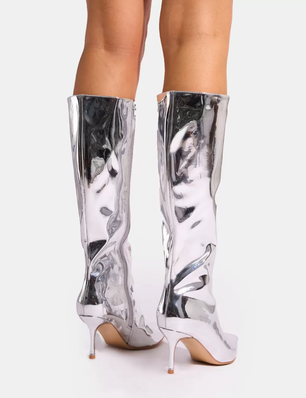Best Public Desire Amped Mirror Pointed Toe Mid Heel Knee High Boots Silver