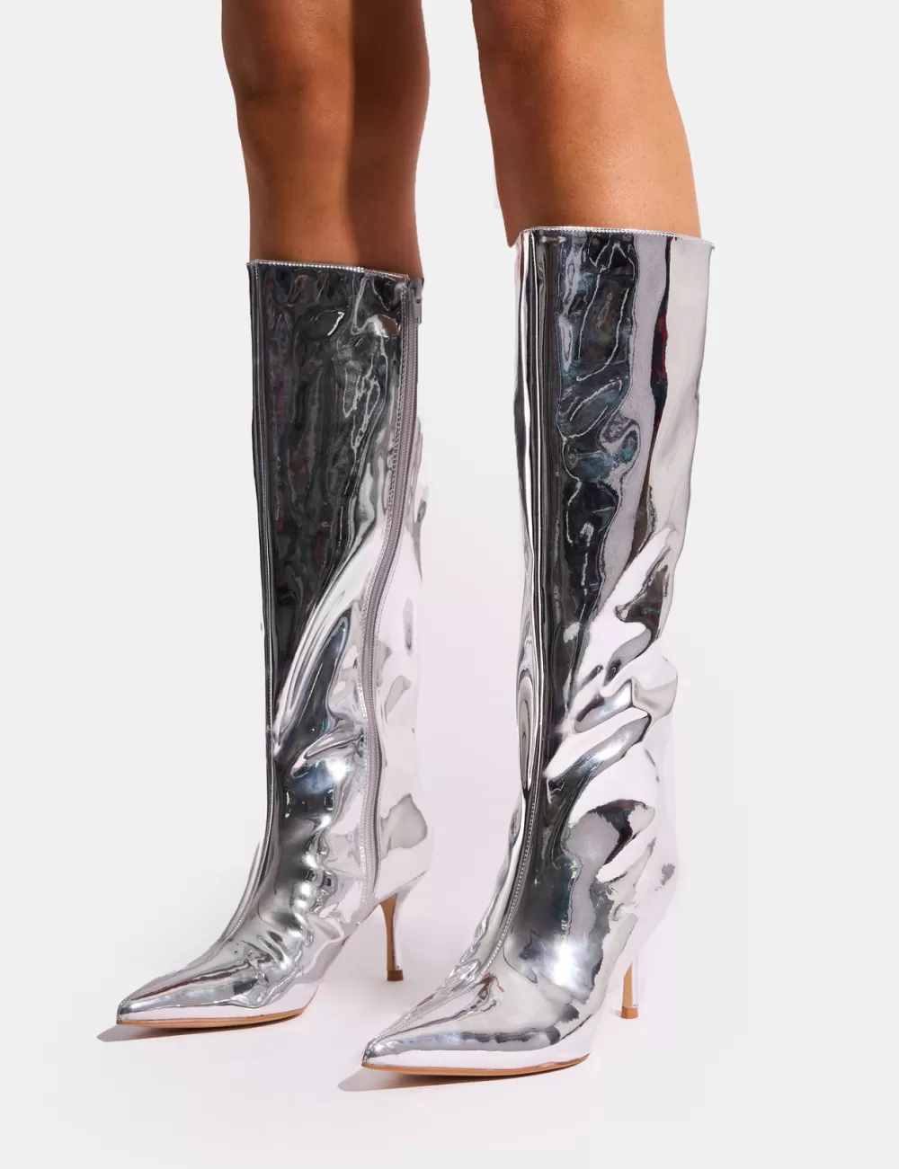 Best Public Desire Amped Mirror Pointed Toe Mid Heel Knee High Boots Silver