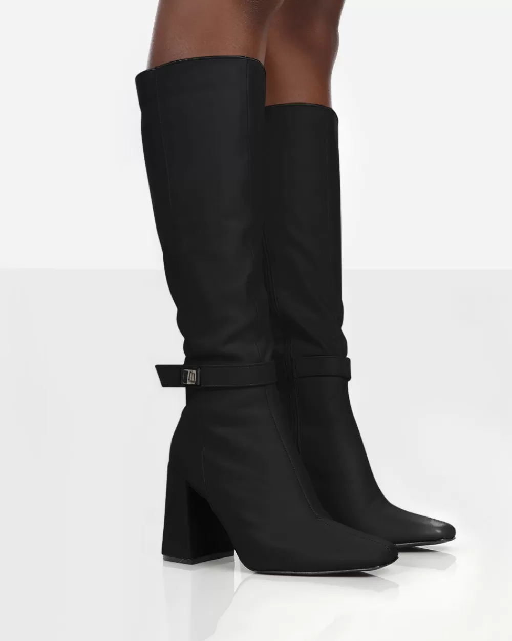 Online Public Desire Apologetic Pu Knee High Block Heel Boots Black