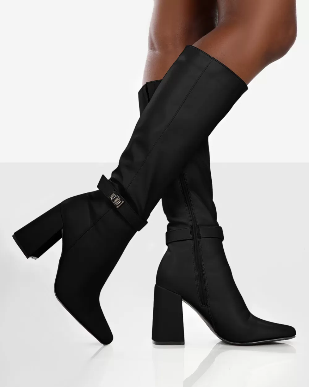 Online Public Desire Apologetic Pu Knee High Block Heel Boots Black
