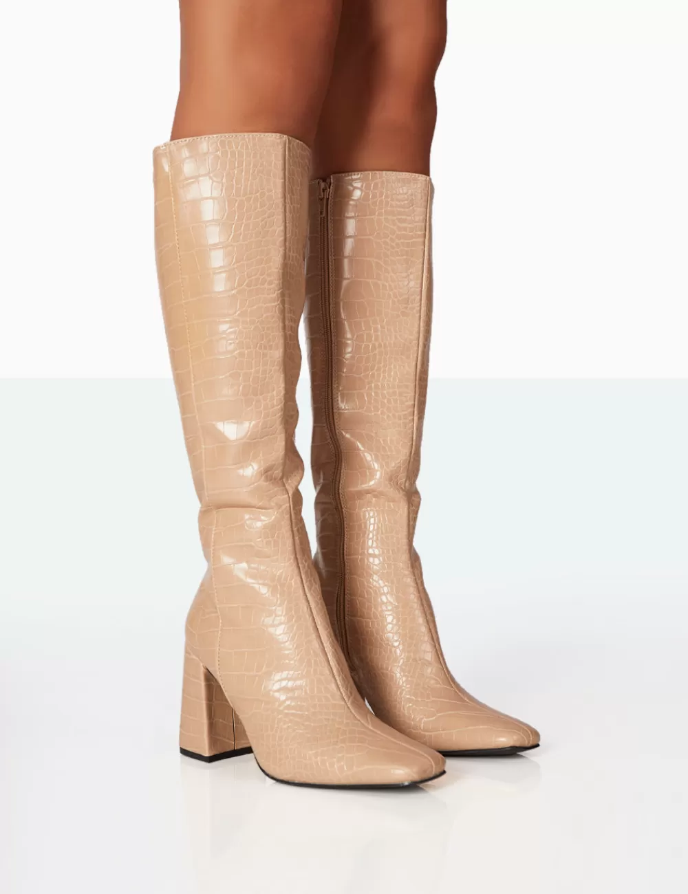 Flash Sale Public Desire Apology Nude Patent Croc Knee High Block Heel Boots