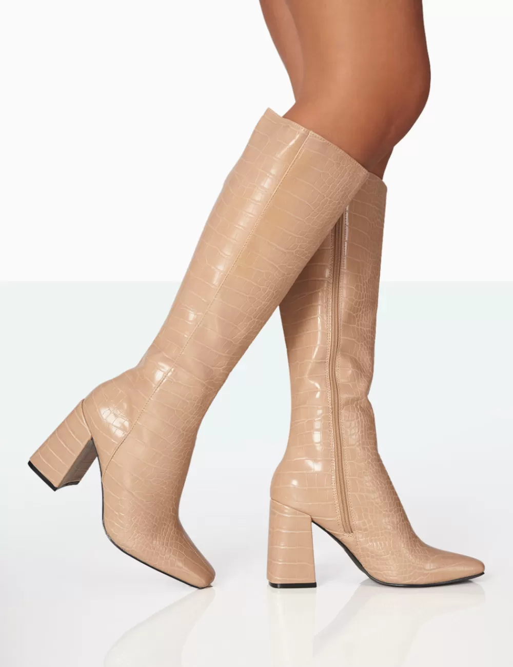Flash Sale Public Desire Apology Nude Patent Croc Knee High Block Heel Boots