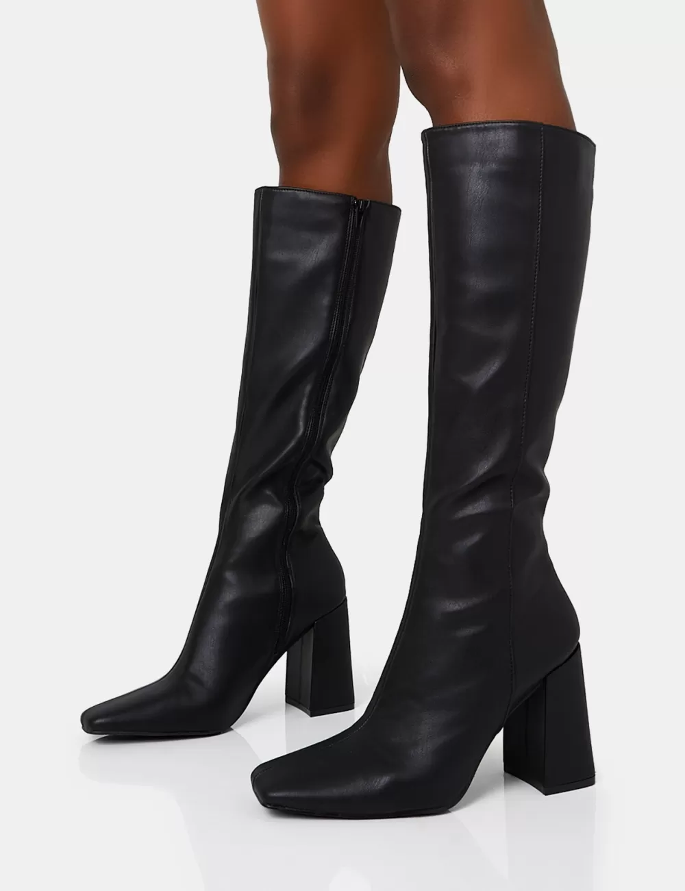 Outlet Public Desire Apology Wide Fit Pu Knee High Block Heel Boots Black