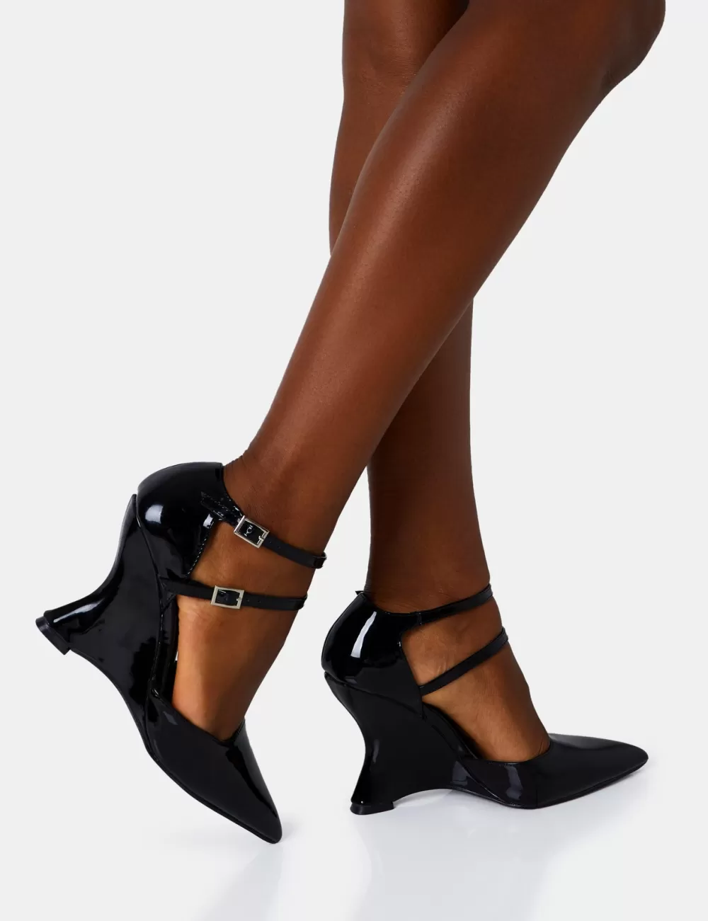 Clearance Public Desire Aspiration Black Patent Strappy Pointed Platform Cut Out Wedge Heels