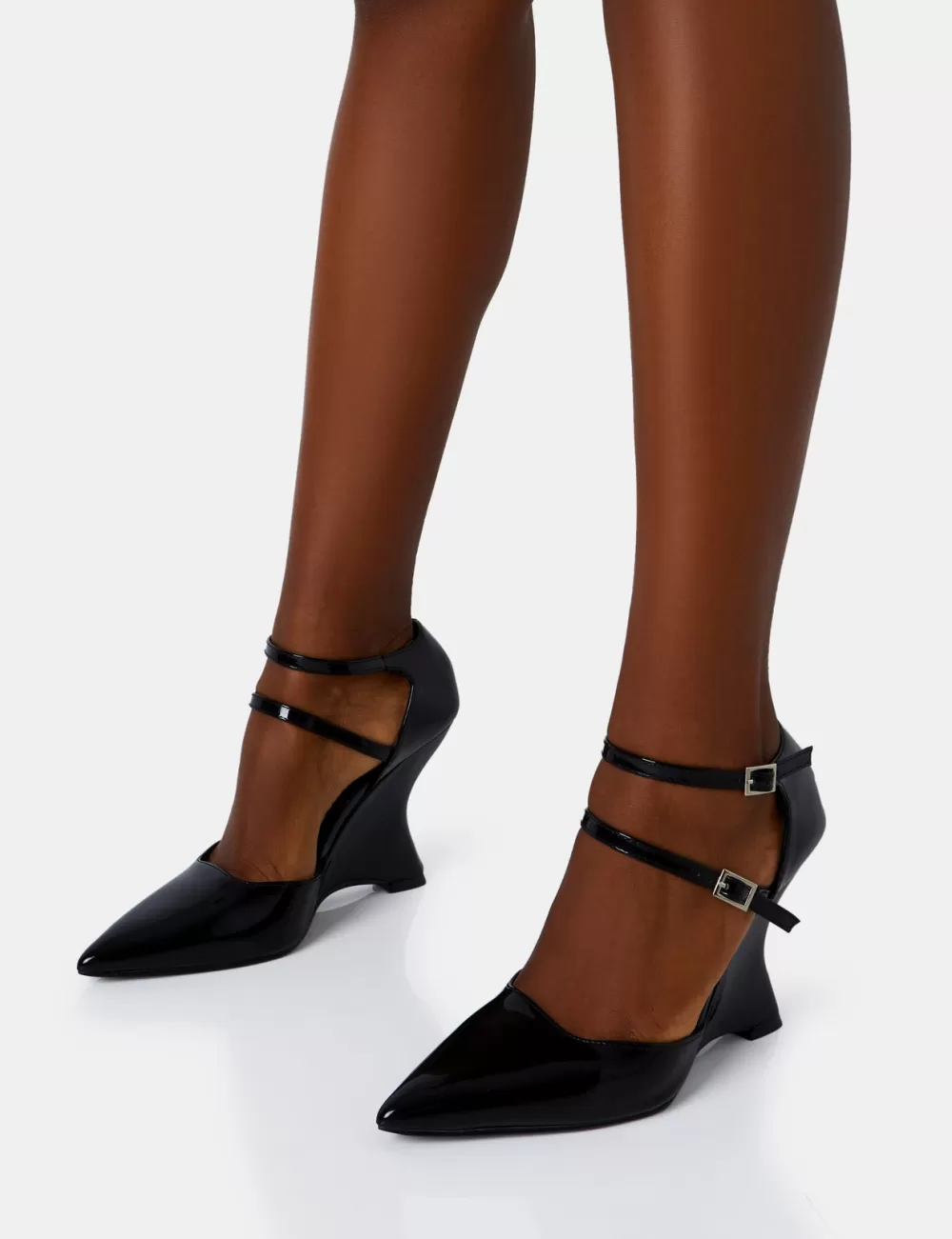 Clearance Public Desire Aspiration Black Patent Strappy Pointed Platform Cut Out Wedge Heels