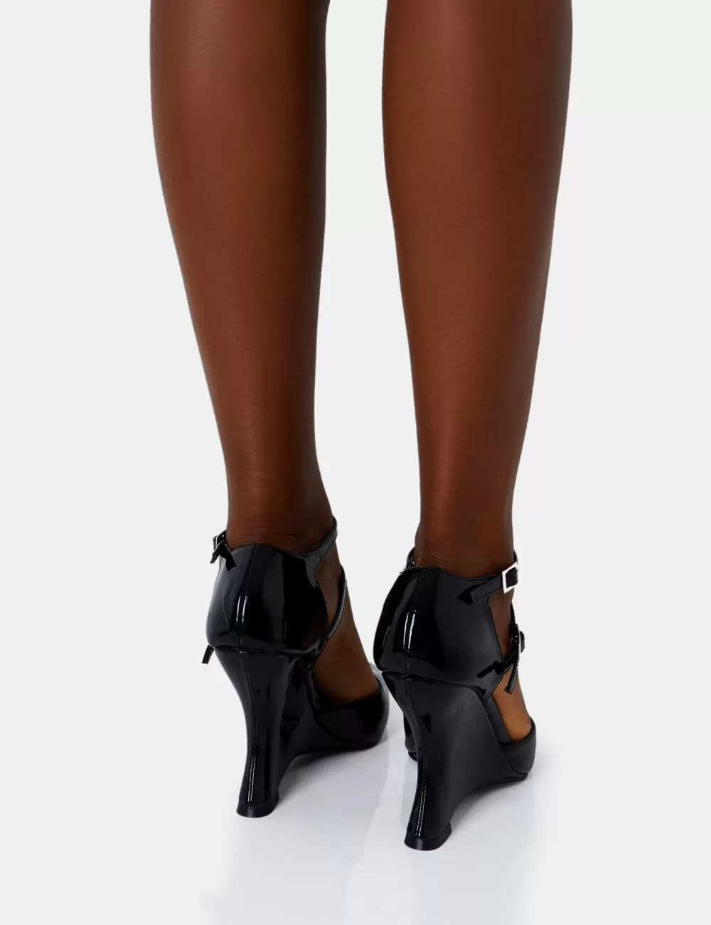 Clearance Public Desire Aspiration Black Patent Strappy Pointed Platform Cut Out Wedge Heels