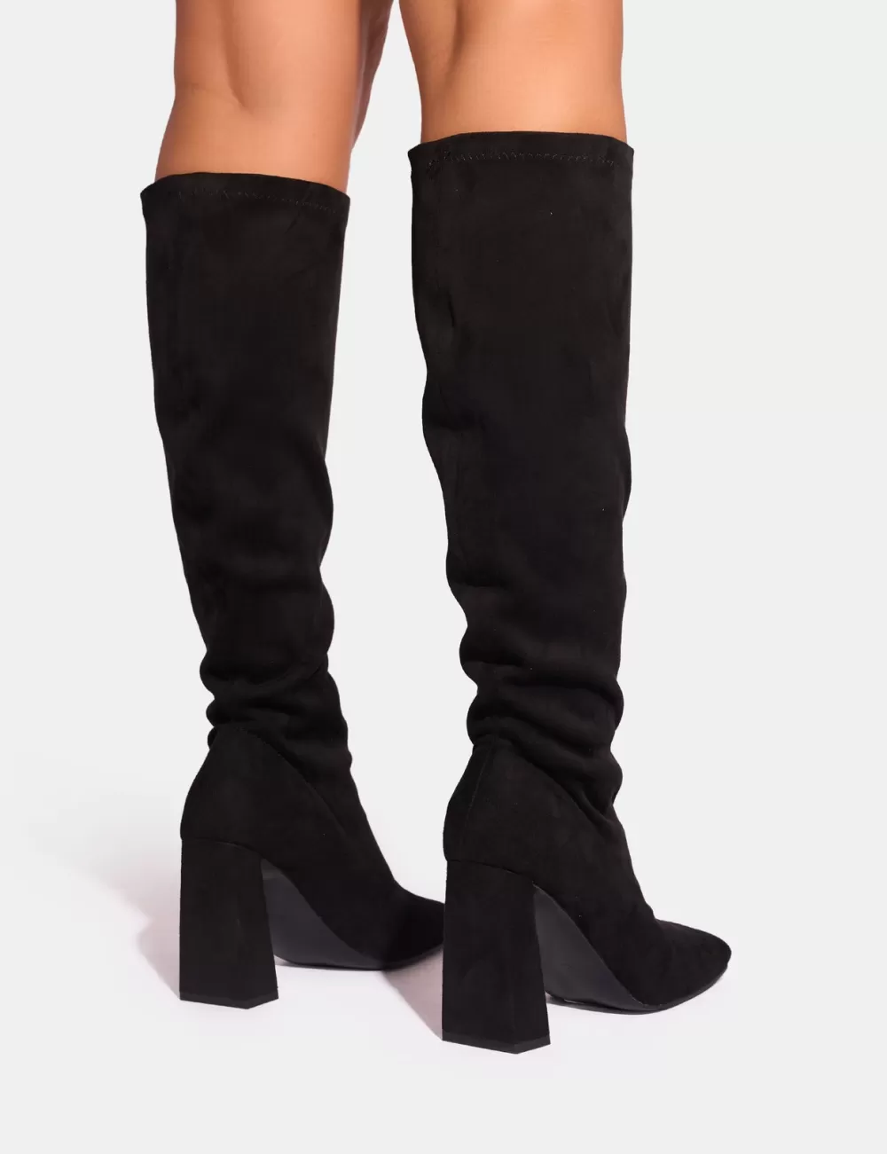 New Public Desire Audrina Suede Wide Fit Block Heel Knee High Sock Boots Black