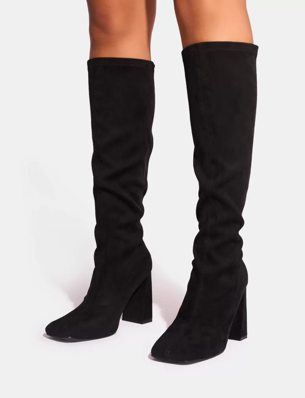 New Public Desire Audrina Suede Wide Fit Block Heel Knee High Sock Boots Black