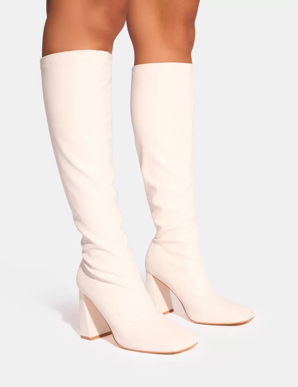 Cheap Public Desire Audrina Pu Block Heel Knee High Sock Boots White