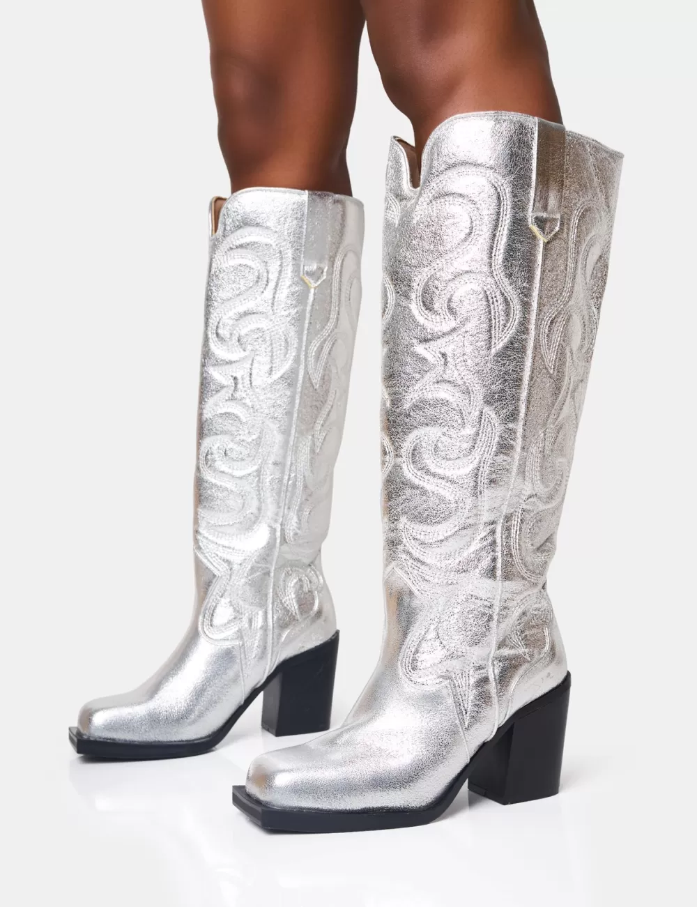Shop Public Desire Austine Wide Fit Western Block Heel Knee High Boots Silver