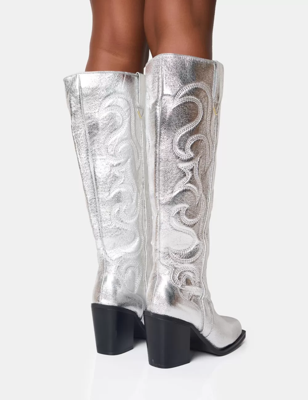 Shop Public Desire Austine Wide Fit Western Block Heel Knee High Boots Silver