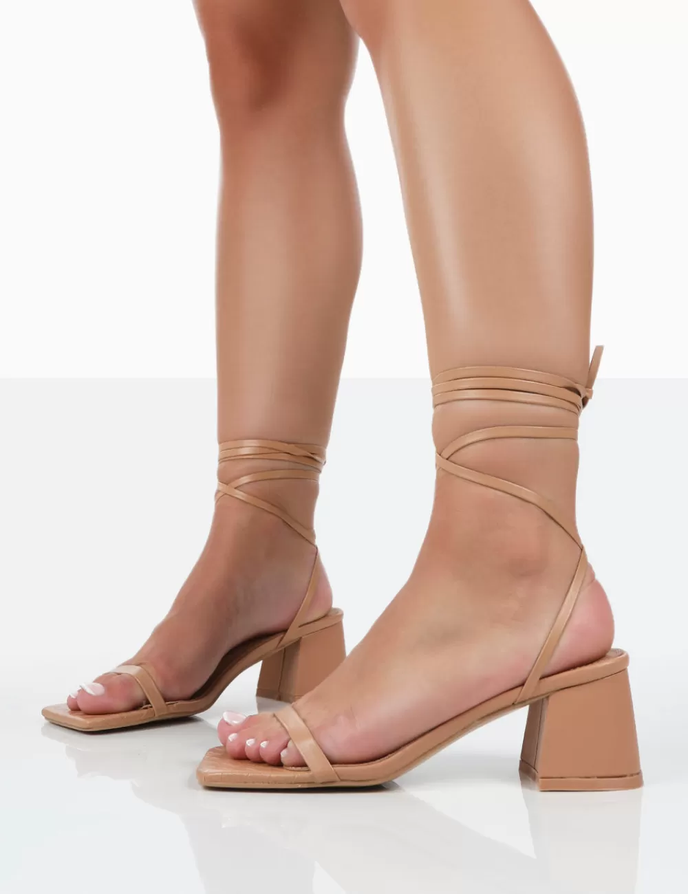 Hot Public Desire Babeass Nude Pu Sqaure Toe Lace Up Block Mid Heeled Sandals Neutral
