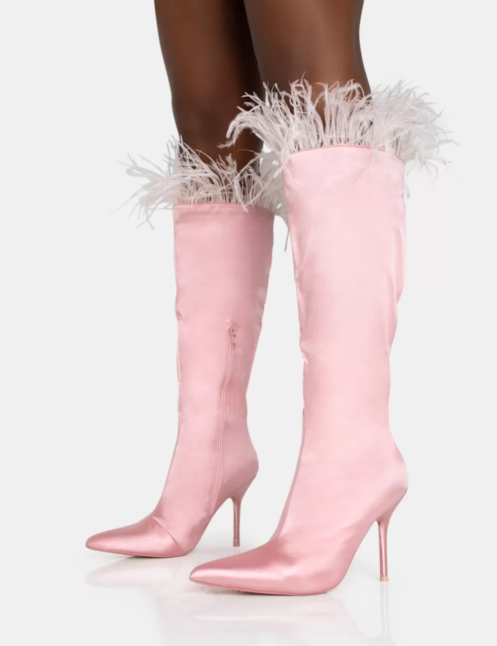 Best Public Desire Baddie Baby Pink Satin Feather Pointed Toe Stiletto Knee High Boots Black