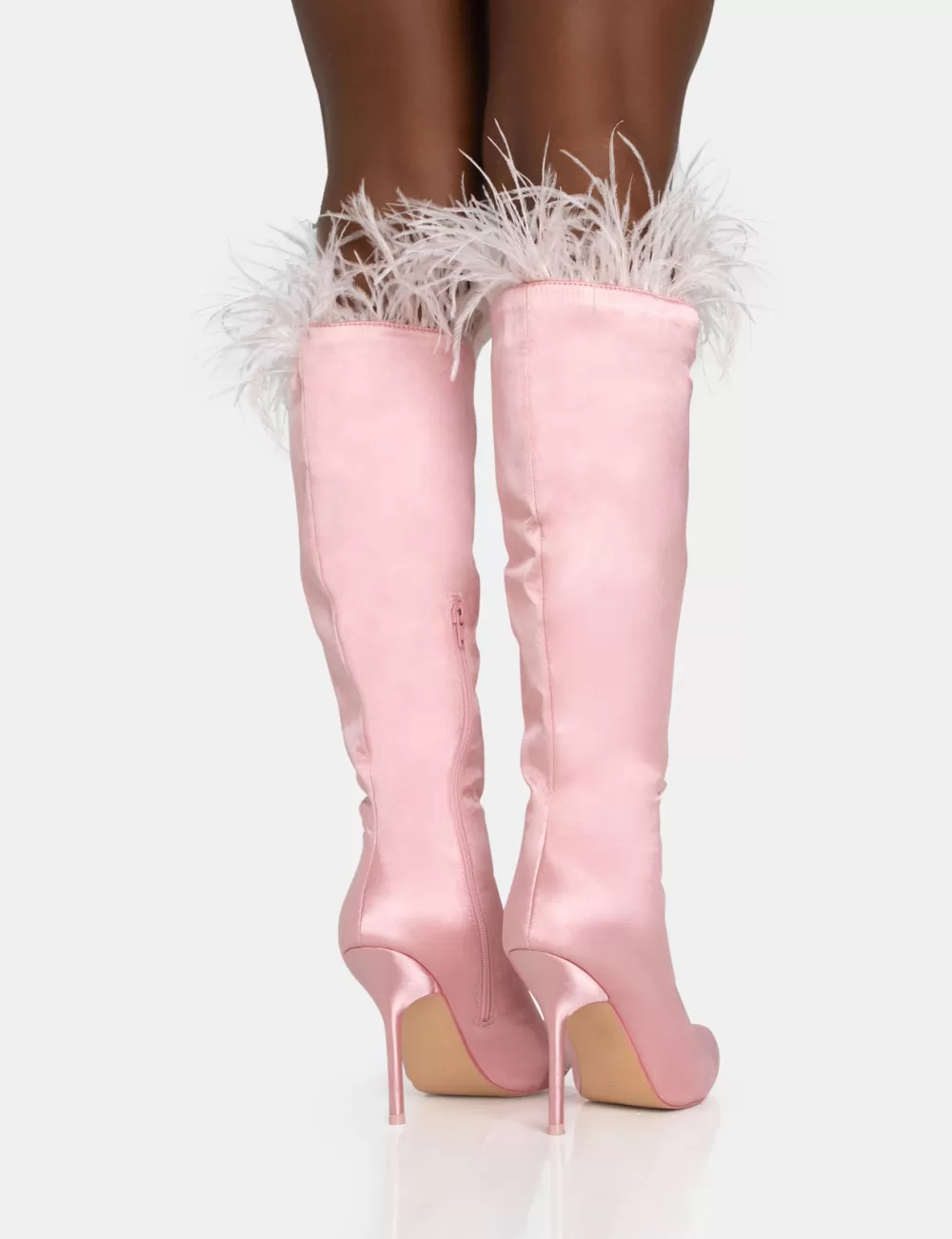 Best Public Desire Baddie Baby Pink Satin Feather Pointed Toe Stiletto Knee High Boots Black