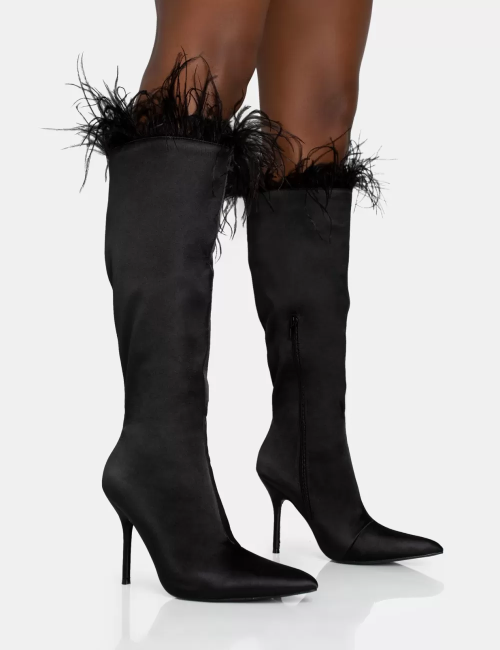 Store Public Desire Baddie Satin Feather Pointed Court Stiletto Knee High Boots Black