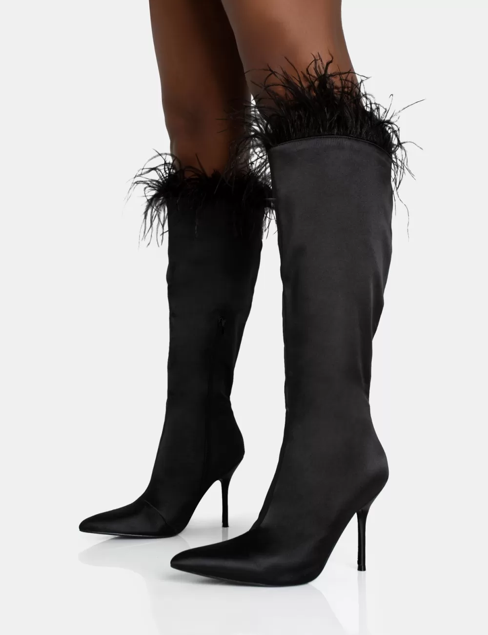 Store Public Desire Baddie Satin Feather Pointed Court Stiletto Knee High Boots Black