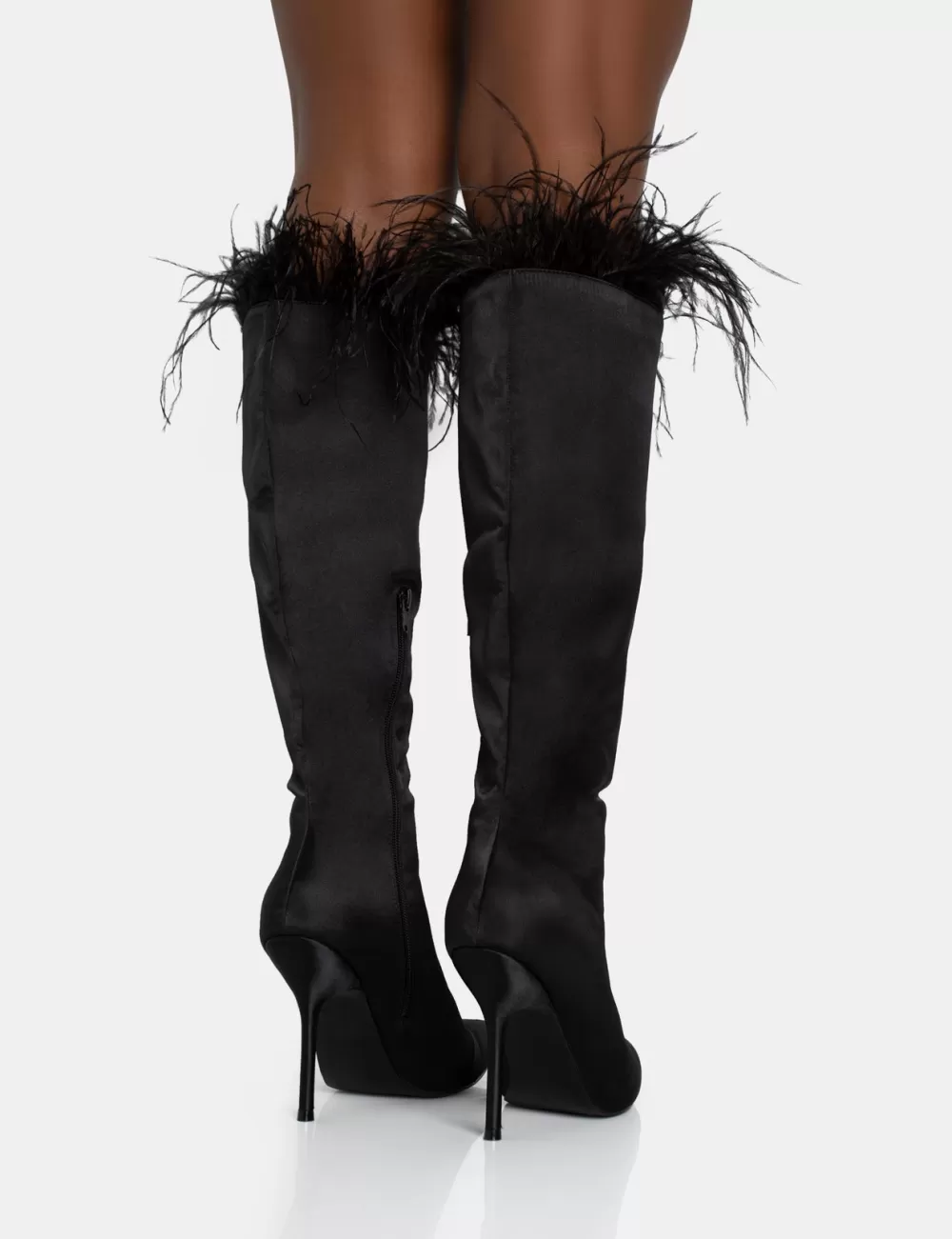 Store Public Desire Baddie Satin Feather Pointed Court Stiletto Knee High Boots Black