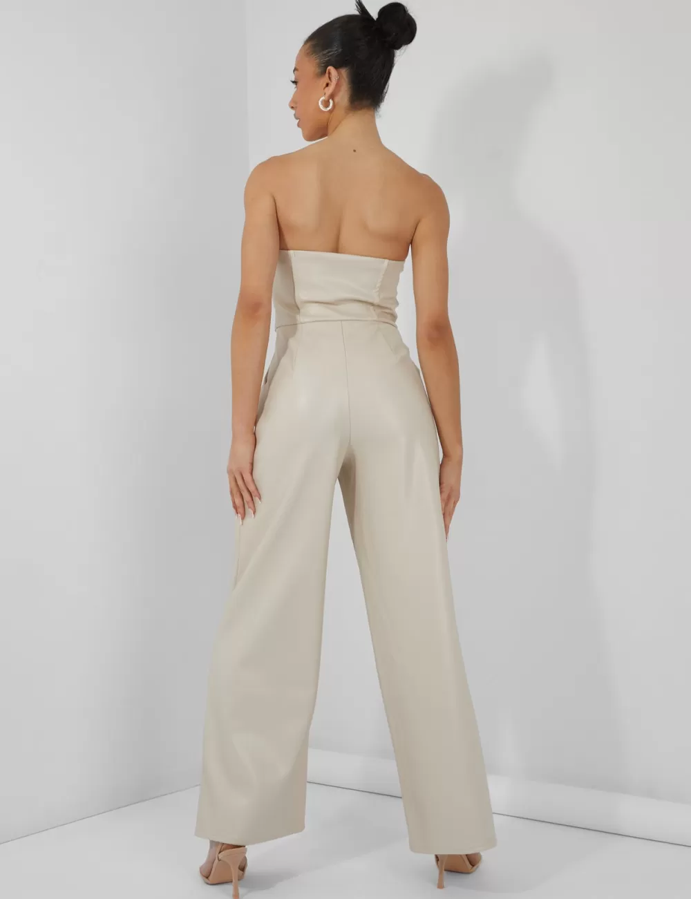 Hot Public Desire Bandeau Tailored Wide Leg Jumpsuit Stone Neutral