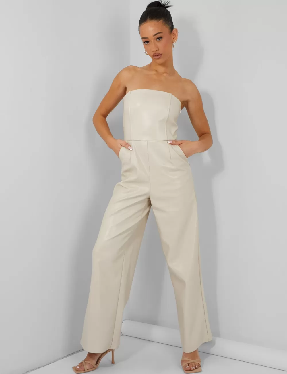 Hot Public Desire Bandeau Tailored Wide Leg Jumpsuit Stone Neutral