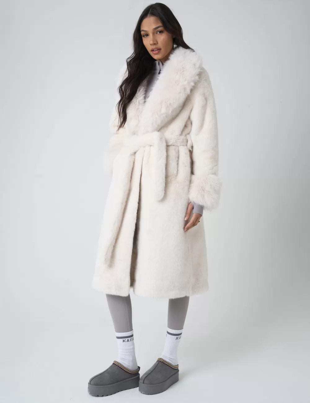 Cheap Public Desire Belted Faux Fur Long Coat White