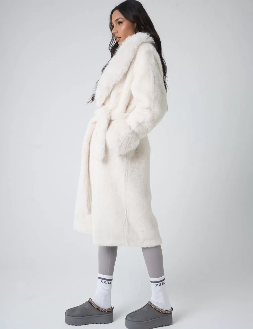 Cheap Public Desire Belted Faux Fur Long Coat White