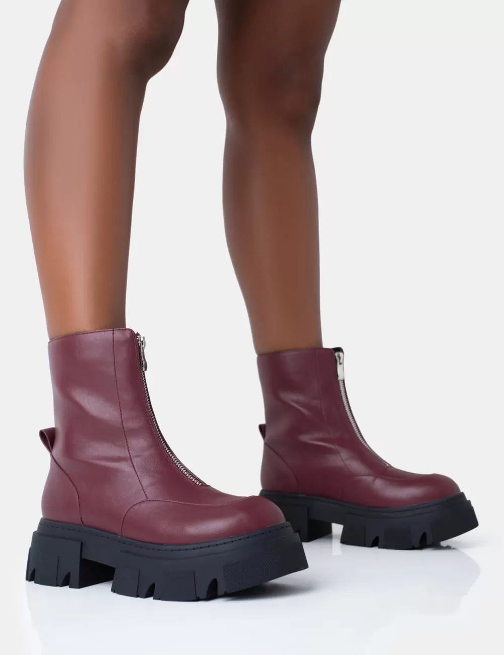 Flash Sale Public Desire Bergen Pu Zip Up Detailed Rounded Chunky Soled Ankle Boots Burgundy