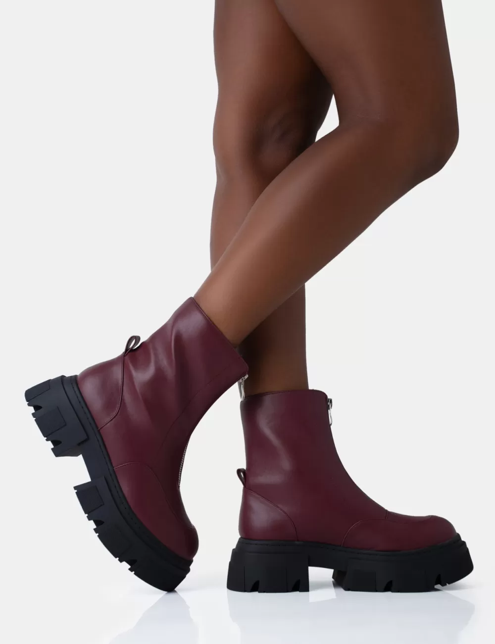 Flash Sale Public Desire Bergen Pu Zip Up Detailed Rounded Chunky Soled Ankle Boots Burgundy