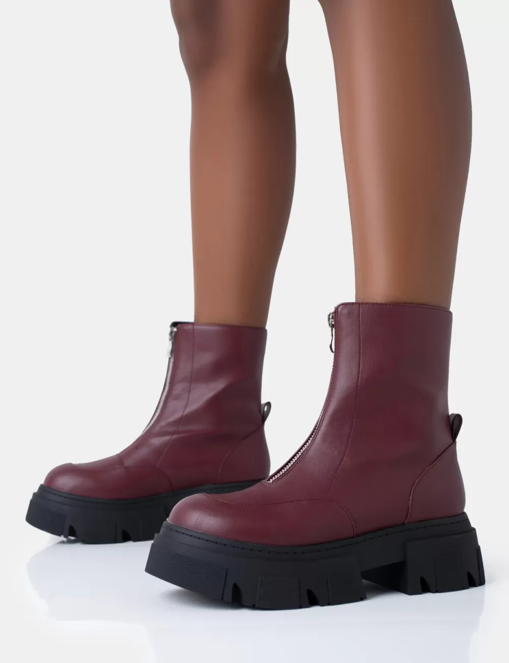 Flash Sale Public Desire Bergen Pu Zip Up Detailed Rounded Chunky Soled Ankle Boots Burgundy