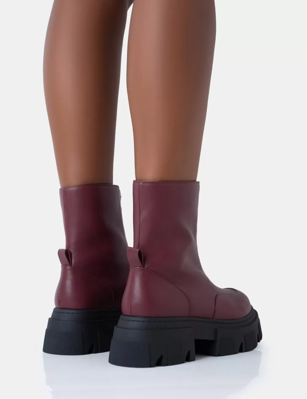 Flash Sale Public Desire Bergen Pu Zip Up Detailed Rounded Chunky Soled Ankle Boots Burgundy