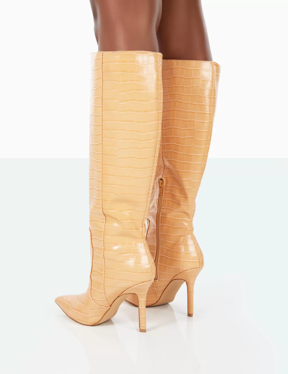 Hot Public Desire Best Believe Caramel Croc Pointed Toe Stiletto Heeled Knee High Boots Brown