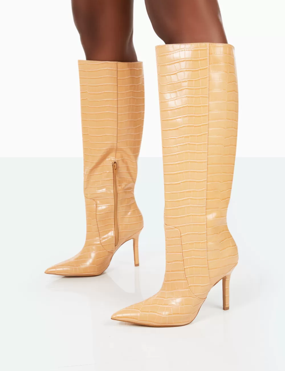 Hot Public Desire Best Believe Caramel Croc Pointed Toe Stiletto Heeled Knee High Boots Brown