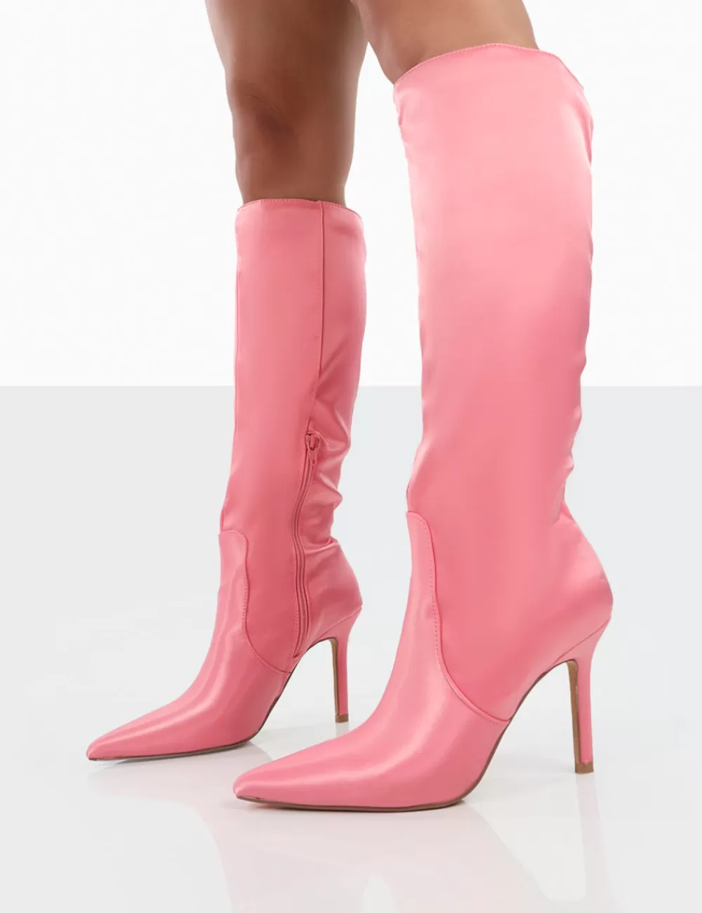 Best Public Desire Best Believe Satin Pointed Toe Stiletto Heeled Knee High Boots Pink