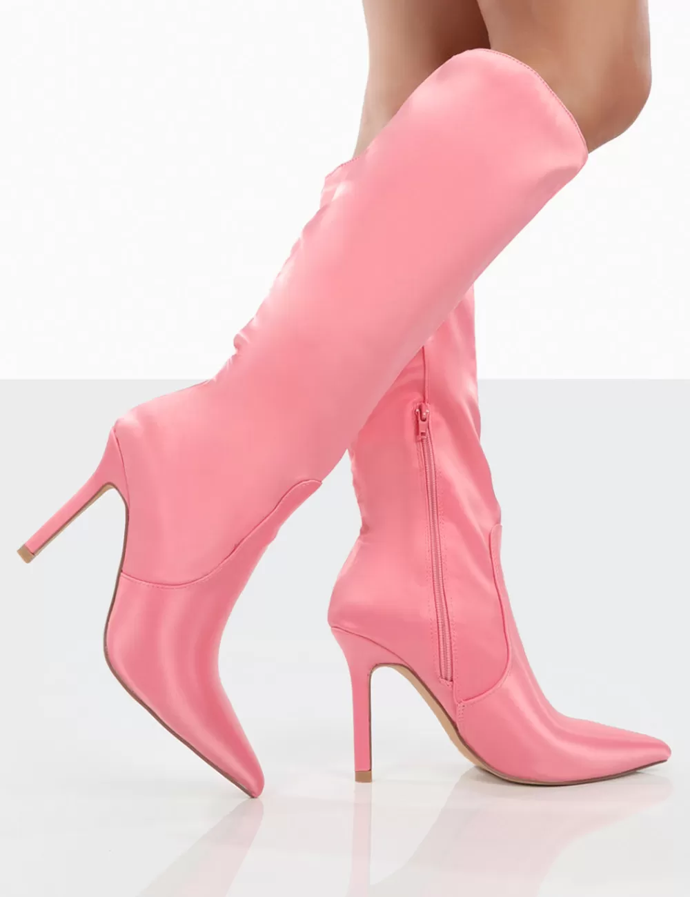 Best Public Desire Best Believe Satin Pointed Toe Stiletto Heeled Knee High Boots Pink