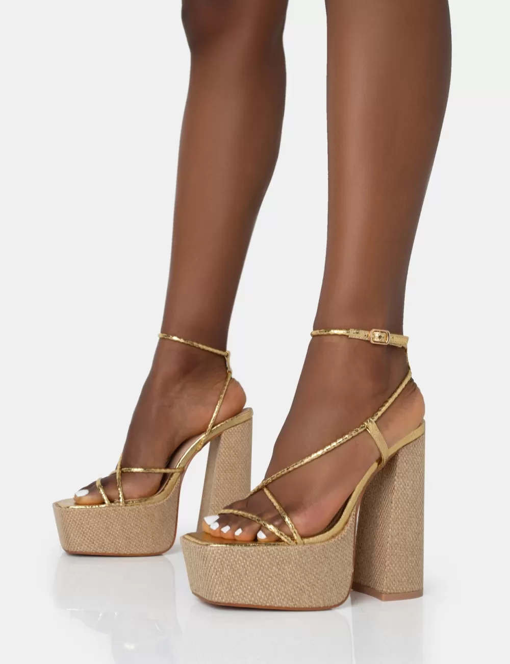 Clearance Public Desire Blissful Asymmetric Strappy Square Toe Raffia Platform Block Heels Gold
