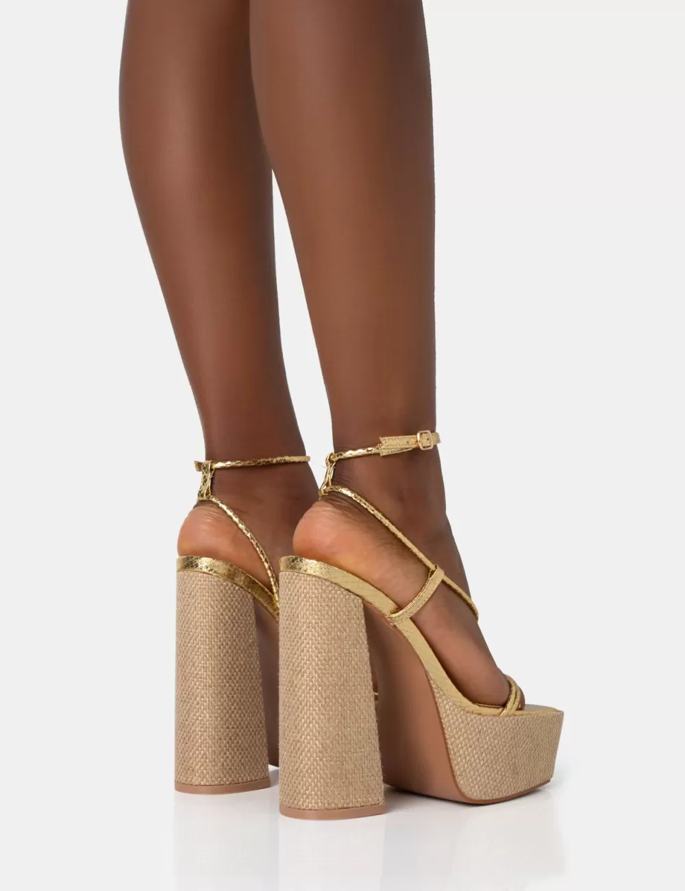 Clearance Public Desire Blissful Asymmetric Strappy Square Toe Raffia Platform Block Heels Gold