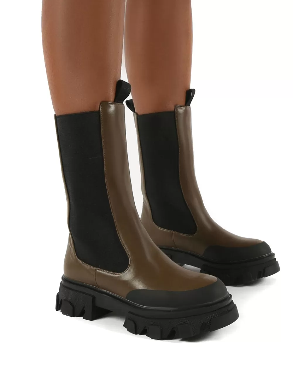Store Public Desire Boston Khaki Calf High Chunky Sole Boots Green