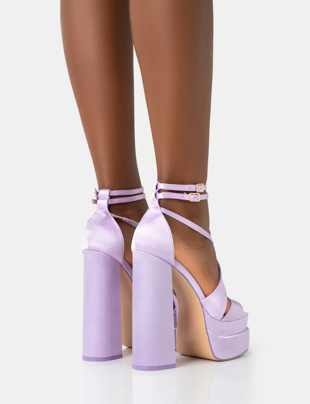 Fashion Public Desire Breanna Lilac Satin Strappy Ankle Extreme Double Platform Block Heels Purple