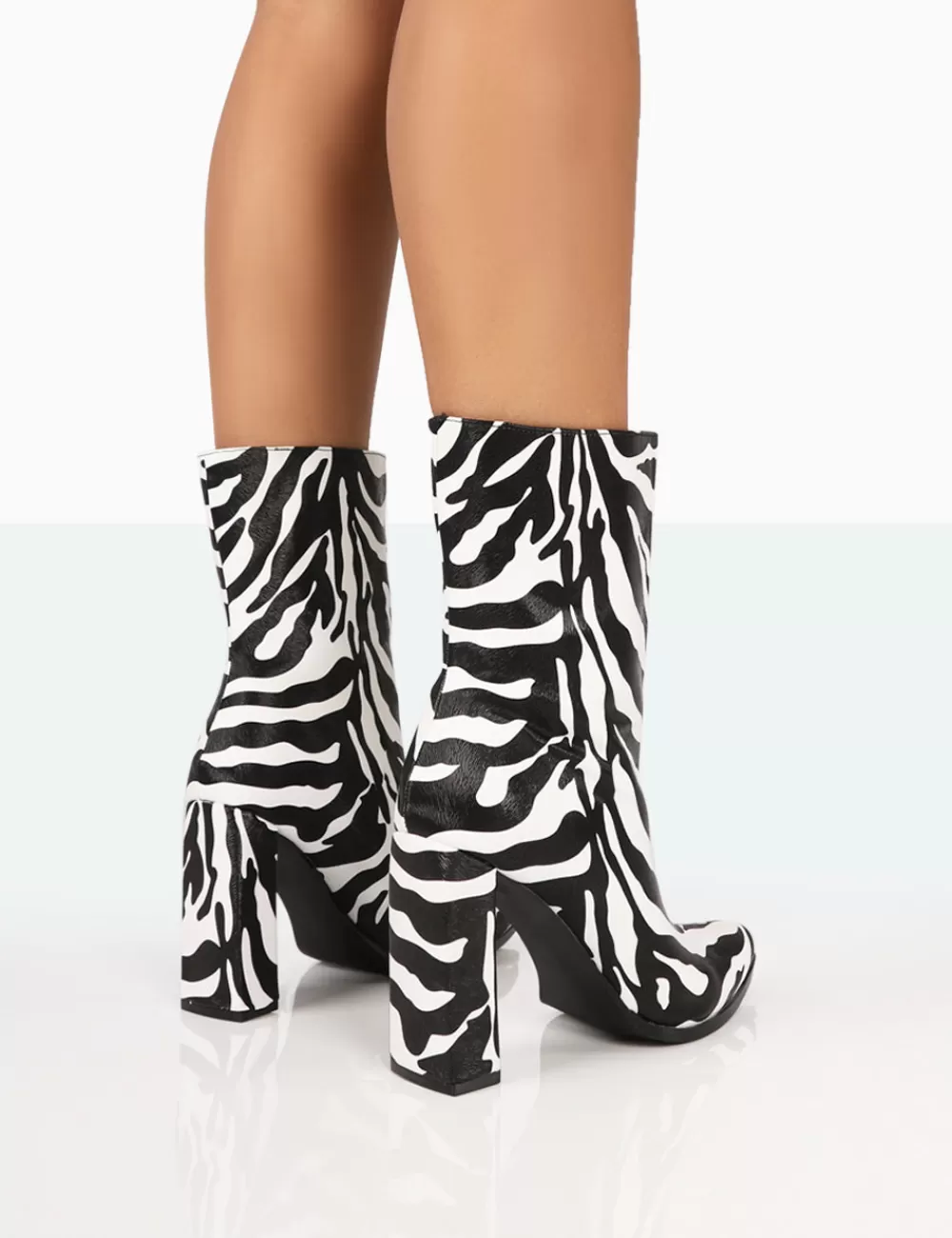 Sale Public Desire Bridget Zebra Printed PU Pointed Toe Block Heeled Ankle Boots Monochrome