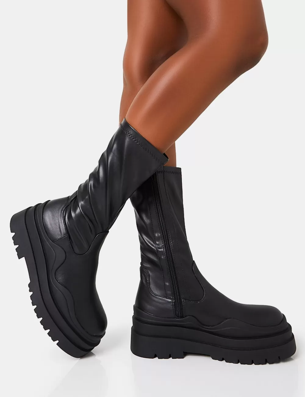 Sale Public Desire Cam Chunky Platform Round Toe PU High Boots Black