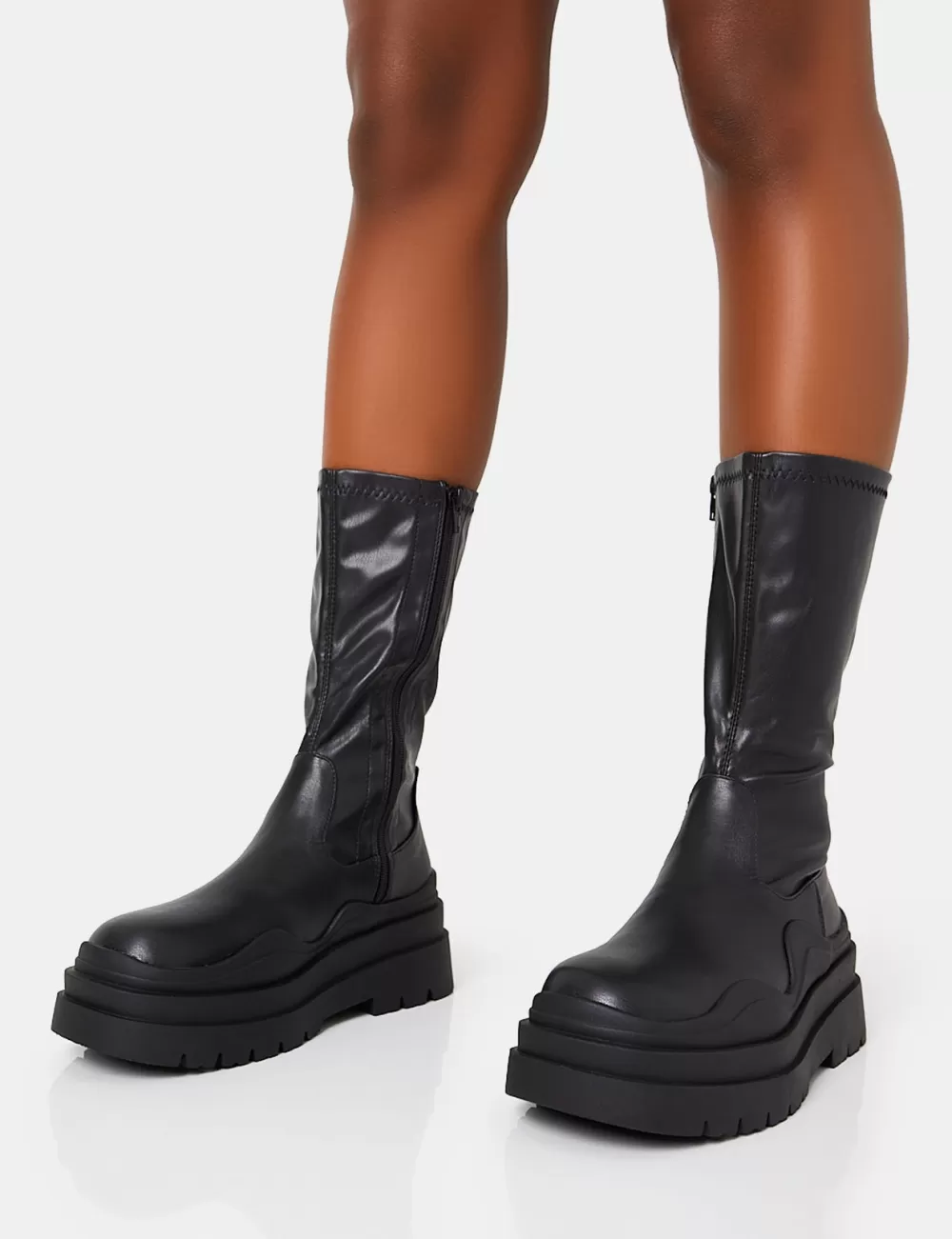 Sale Public Desire Cam Chunky Platform Round Toe PU High Boots Black